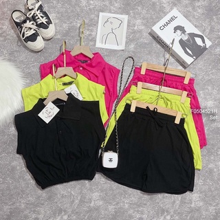 3 sao Set áo croptop cổ sơ mi sát nách phối quần short!