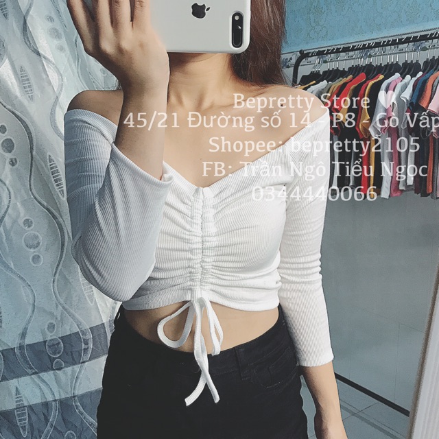 Áo croptop dây rút tay dài bẹt vai