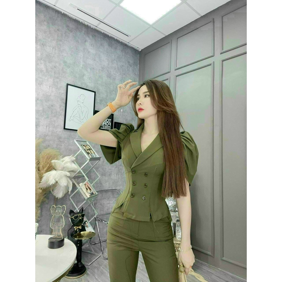 (Ưu Đãi Freeship)Set bộ công sở áo vest phối quần có túi,bộ thiết kế tay phồng sang trọng,chất tuyết mưa cao cấp