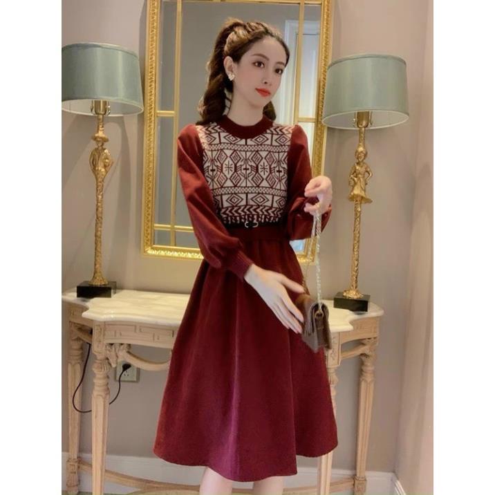 Váy nhung tiểu thư, váy len phối nhung họa tiết cực đẹp mặc là xinh chất len bao ấm hàng thu đông cao cấp | BigBuy360 - bigbuy360.vn