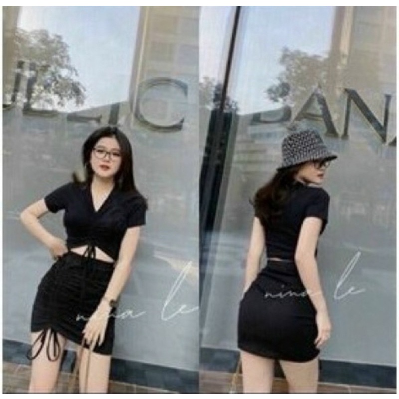 Váy body khoét ngực dây rút hông lạ mắt, Đầm ôm tay dài dây rút 2 bên