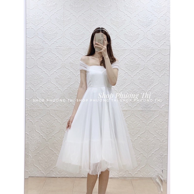 Váy trắng công chúa rớt vai - Đầm trắng tiểu thư Hàn Quốc