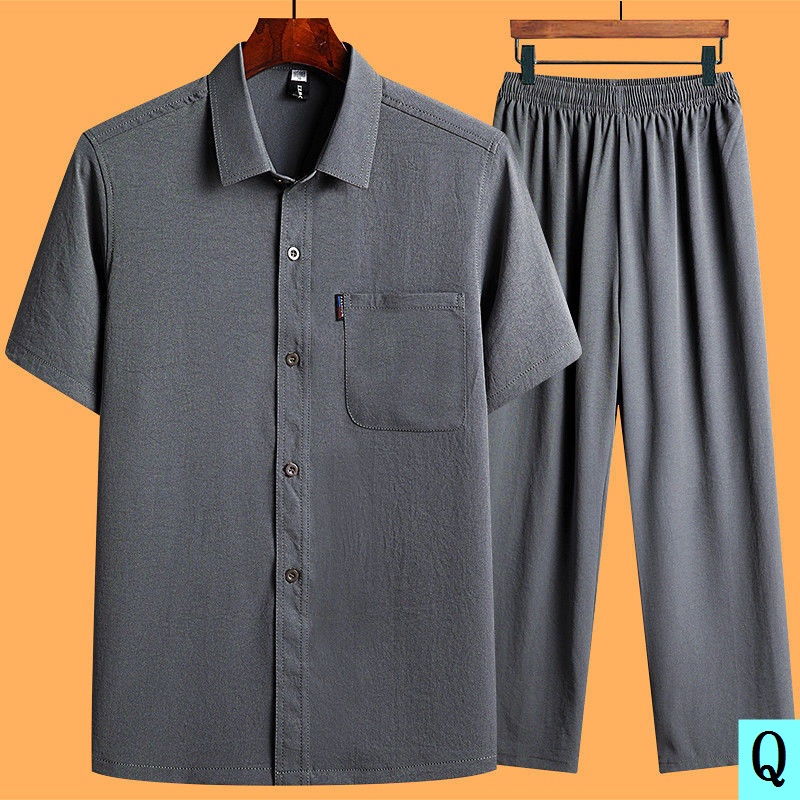 Set Áo Sơ Mi Tay Ngắn Và Quần Lửng Thời Trang Cho Đàn Ông Trung Niên