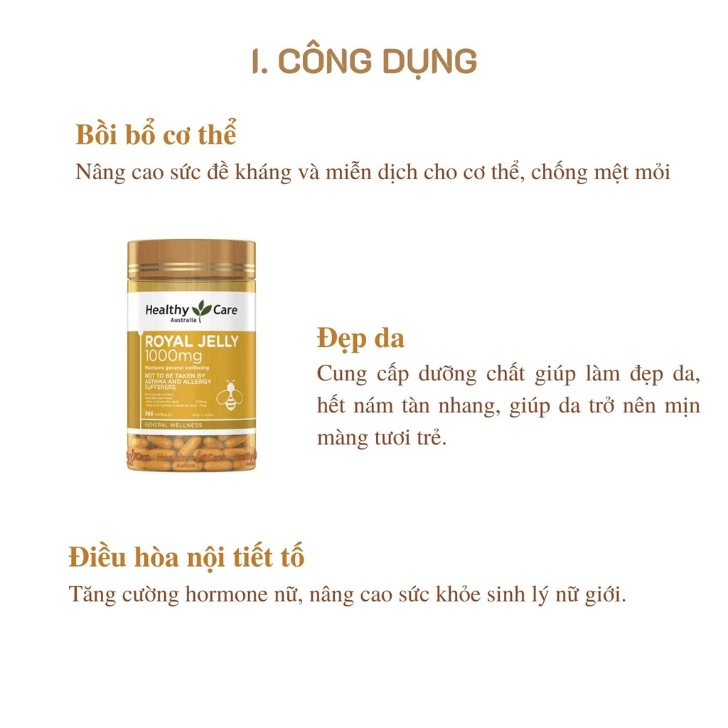 ( Hàng chính hãng) Sữa ong chúa Úc Healthy Care Royal Jelly 1000mg 365 viên - Bồi bổ cơ thể, làm dẹp da