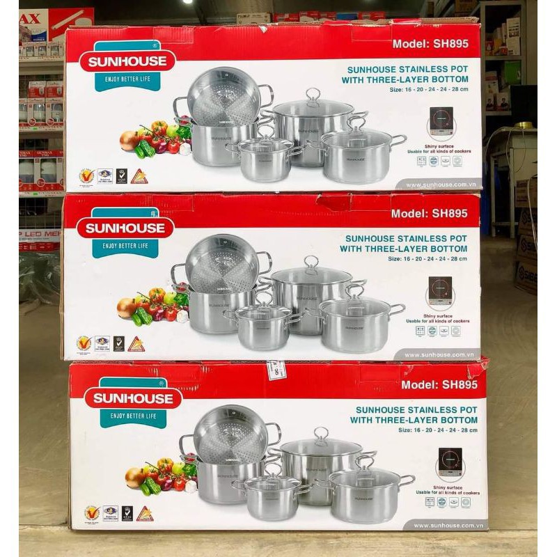 Bộ Nồi Inox 3 Đáy SUNHOUSE SH895 Cao Cấp Kèm Xửng Hấp, Sử Dụng Trên Mọi Loại Bếp