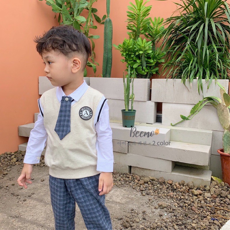 Bộ gile bé trai 4 chi tiết | Bộ gile bé trai thiết kế cao cấp phong cách Hàn Quốc gồm áo sơ mi, áo ghile, quần, cà vạt