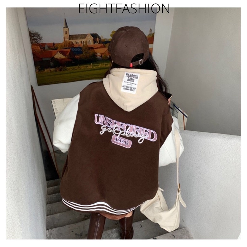 Áo Khoác Varsity Jacket Bomber Thêu Hình Màu Đỏ Nâu Nổi Bật Eightfashion ABB100