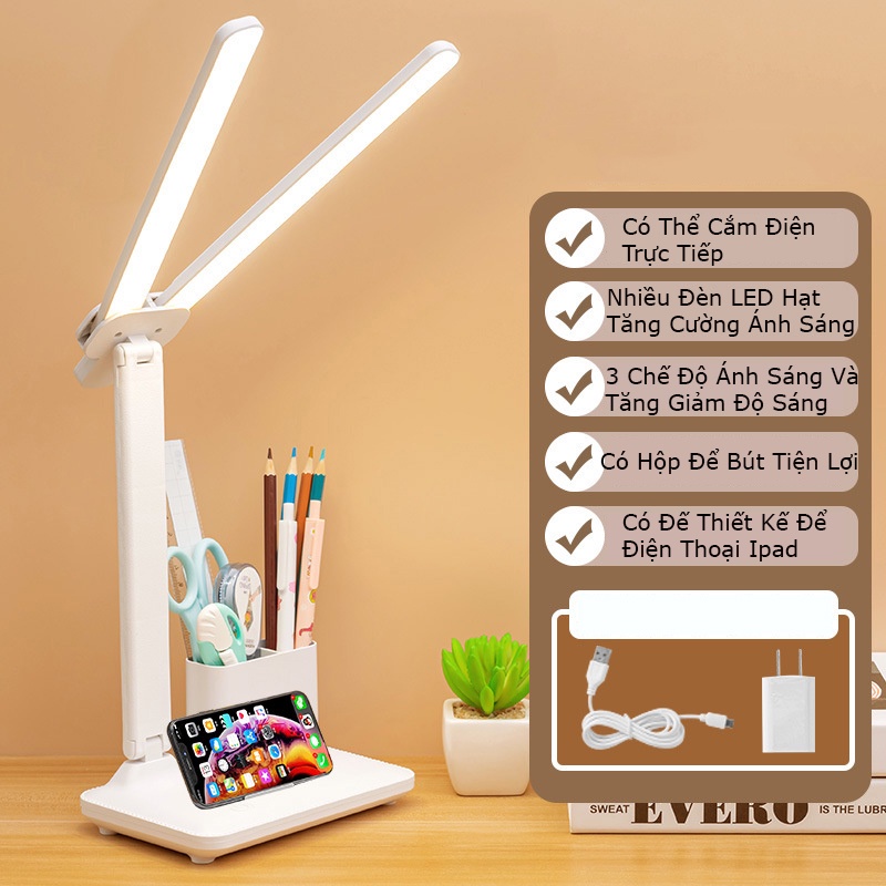 Đèn LED Để Bàn Học Bàn Làm Việc KUNBE, Thiết Kế Sáng Tạo Với 2 Thanh Led Rời Kèm Hộc Đựng Bút Tiện Lợi