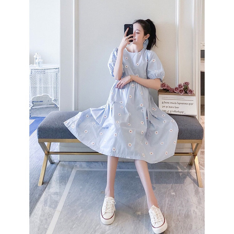 Váy đầm bầu họa tiết hoa thêu thiết kế công sở, dự tiệc cho mẹ bầu phong cách hàn quốc sang trọng lịch sự mới mùa hè