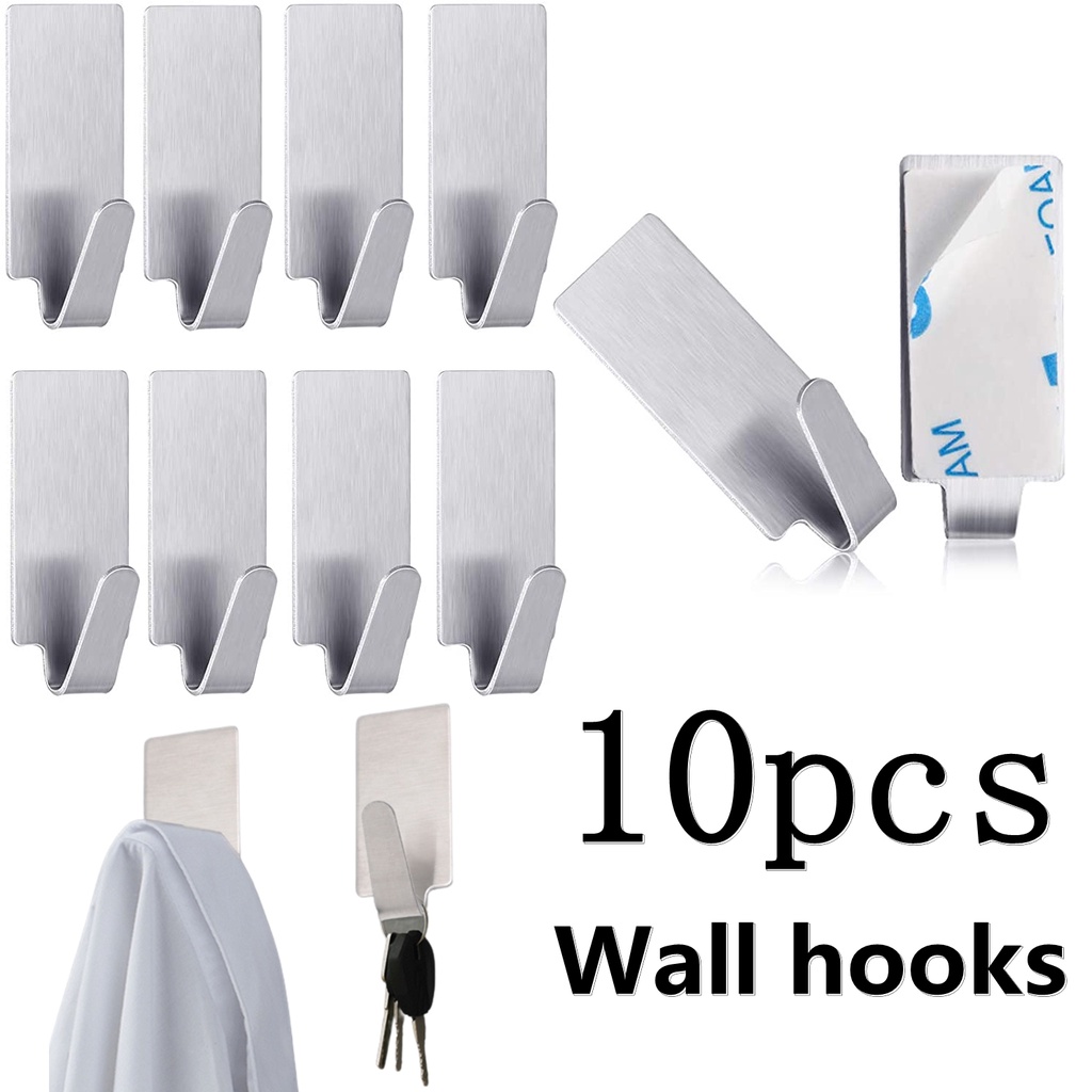 Bộ 10 Móc Treo Tường Bằng Thép Không Gỉ Màu Bạc Đa Năng Giá Đỡ