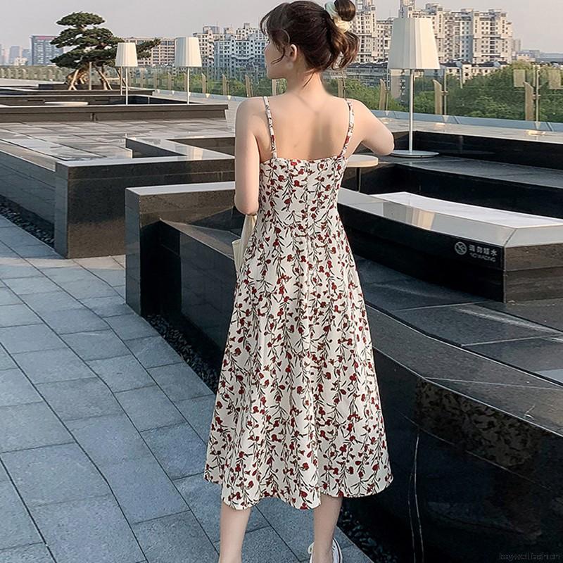 Váy Đầm hai dây cổ V in họa tiết hoa thời trang xinh xắn cho nữ