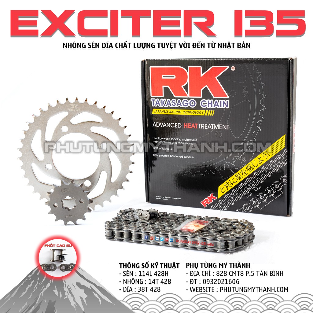 Nhông sên dĩa phốt cao su Exciter 135 thương hiệu RK
