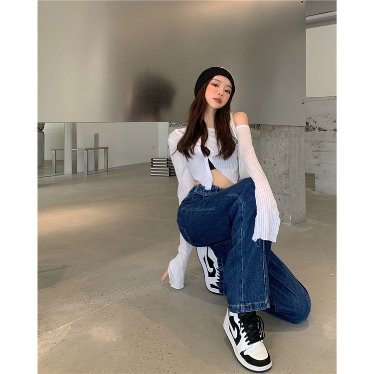 QKOOLE Quần jean  ống đứng lưng cao phong cách cổ điển Hàn Quốc cho nữ