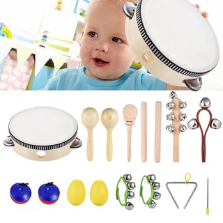 10 nhạc cụ đồ chơi bao gồm trống lục lạc, maracas, song loan, chuông lắc tay