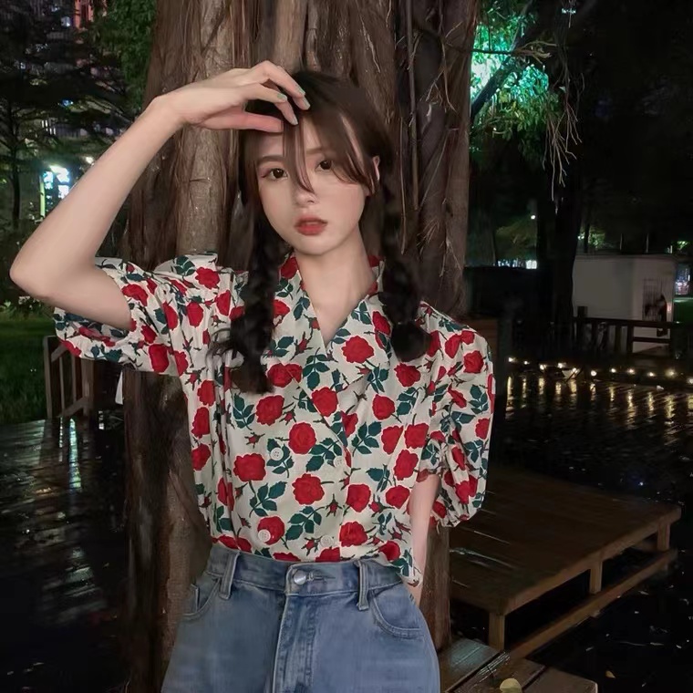 Áo sơ mi SUXI tay ngắn dáng rộng họa tiết hoa phong cách cổ điển thời trang mùa hè dành cho nữ