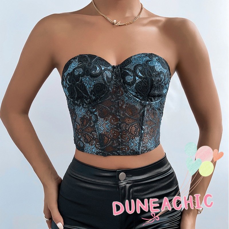 DUNEA Áo Croptop Không Dây Phối Ren Gợi Cảm Dành Cho Nữ