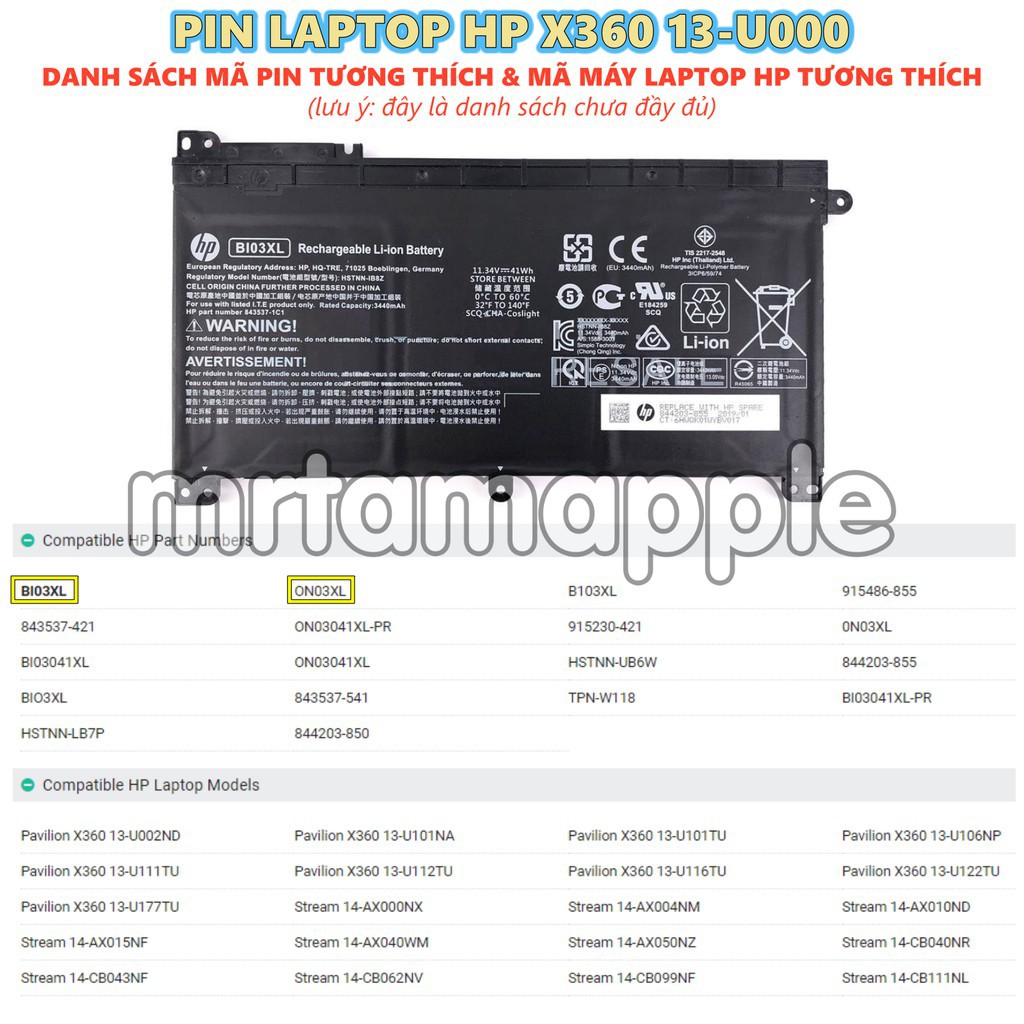 Pin Laptop HP X360 13-U000 BI03XL (ZIN) - 3 CELL - HP Pavilion Pavilion X360 13-U000, Stream 14-AX000, Stream 14-CB000