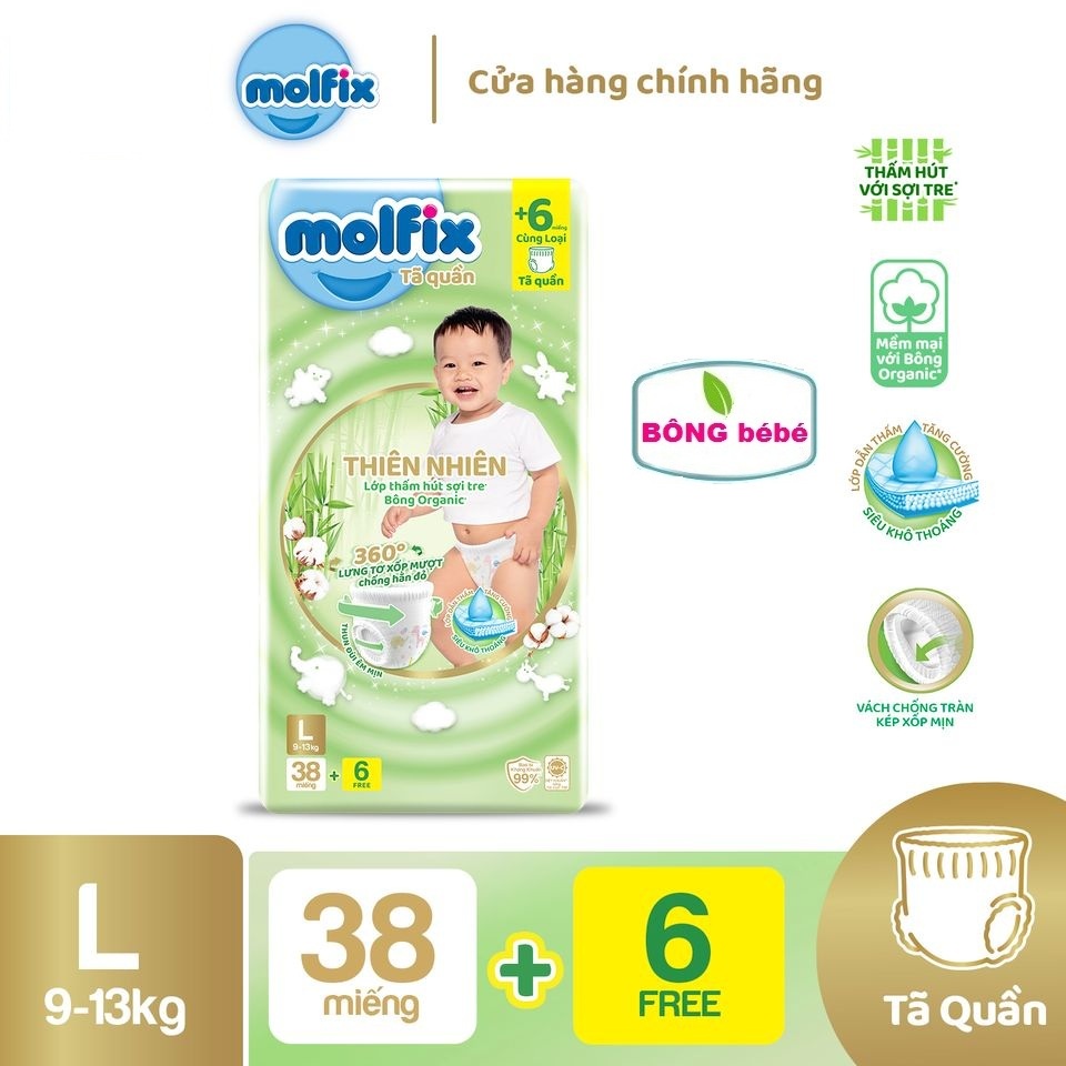 Bỉm Molfix quần thiên nhiên thành phần sợi tre và bông tự nhiên - Jumbo L (9 kg - 13kg) - Gói 38+6 miếng