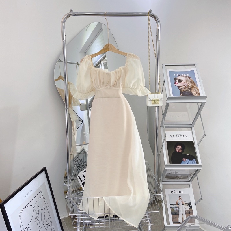 ĐẦM MIDI NHÚN NGỰC TAY BO KEM - XANH