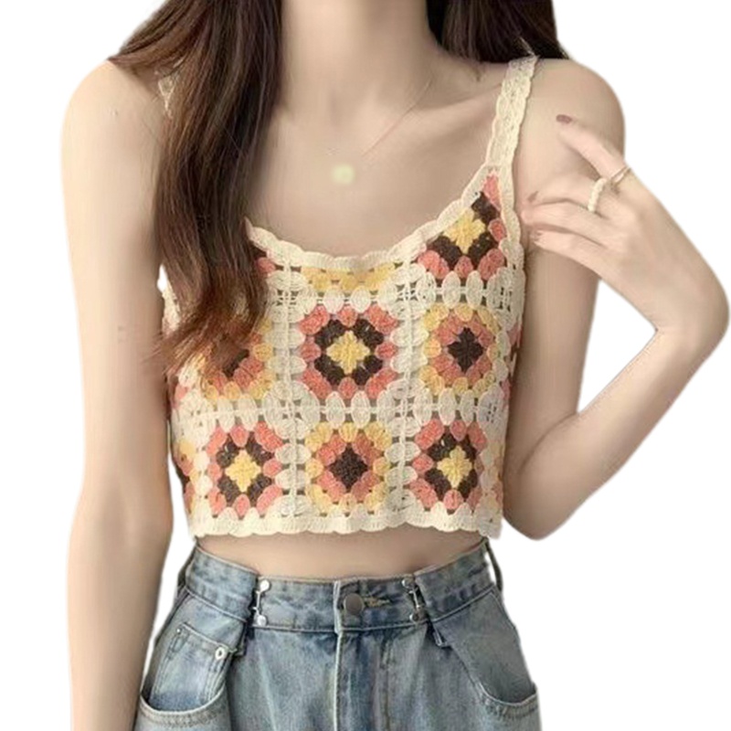 Áo Croptop Dệt Kim Không Tay Dáng Rộng Màu Tương Phản Họa Tiết Hoa Thời Trang Mùa Hè Cho Nữ