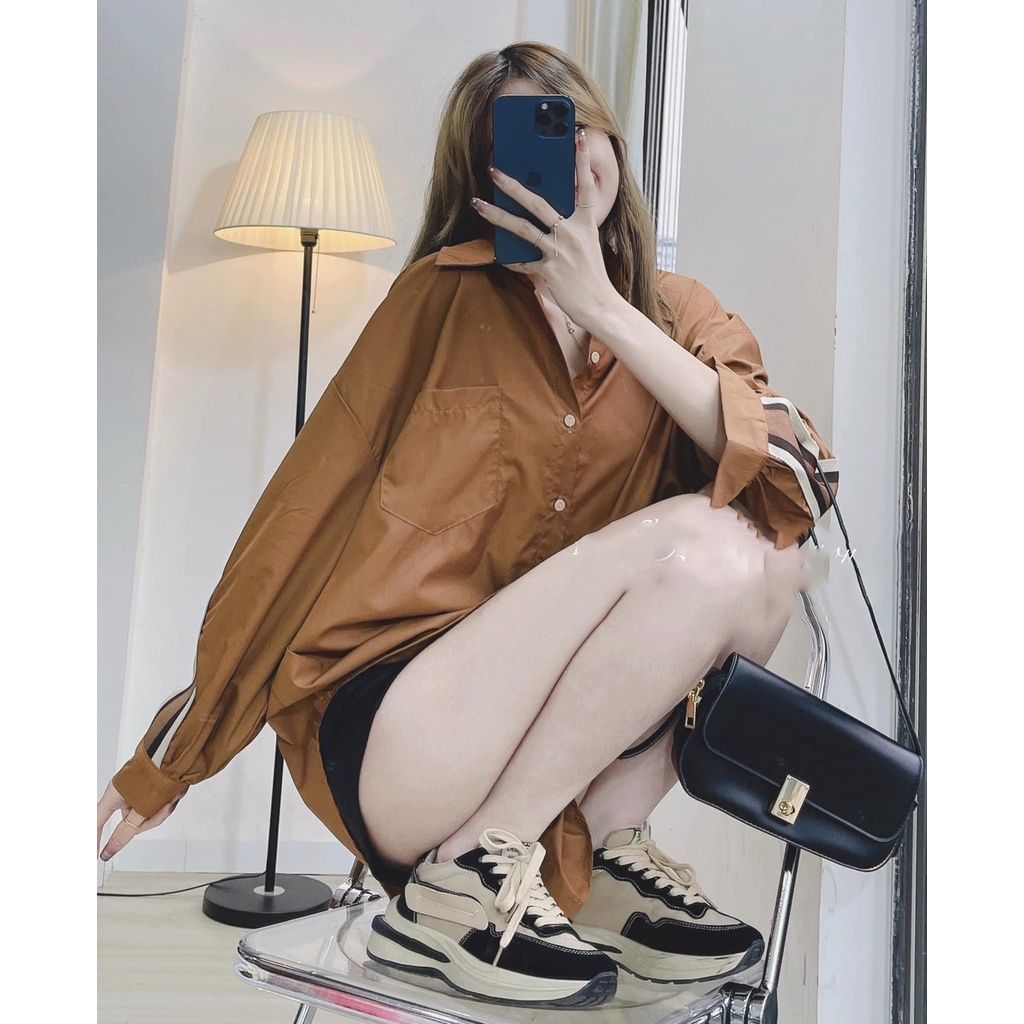 Áo sơ mi nâu thụng form rộng sọc lưng áo sơ mi nữ ulzzang unisex MIVOSA SM018