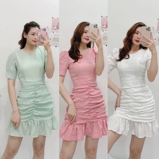 Đầm công sở ôm body, Váy dự tiệc đuôi cá Cao Cấp trắng xanh hồng cổ tròn tay ngắn, nữ tính quyến rũ - MiNhi