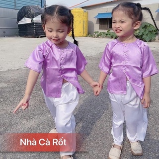 Bộ bà ba lụa màu tím hàng may thiết kế cho be gái
