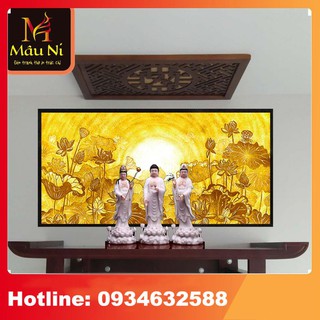 ĐÈN THỜ Tranh trúc chỉ in MÂU NI 198, KT 61cm x 81cm - Sen vầng, phù hợp bàn thờ rộng 81cm, 89cm