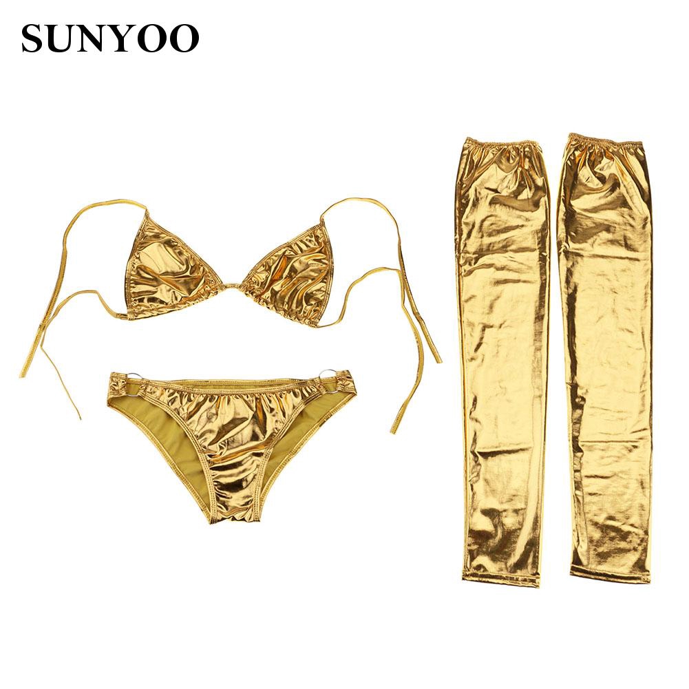 Bộ bikini dây da bóng màu đồng quyến rũ cho nữ | BigBuy360 - bigbuy360.vn