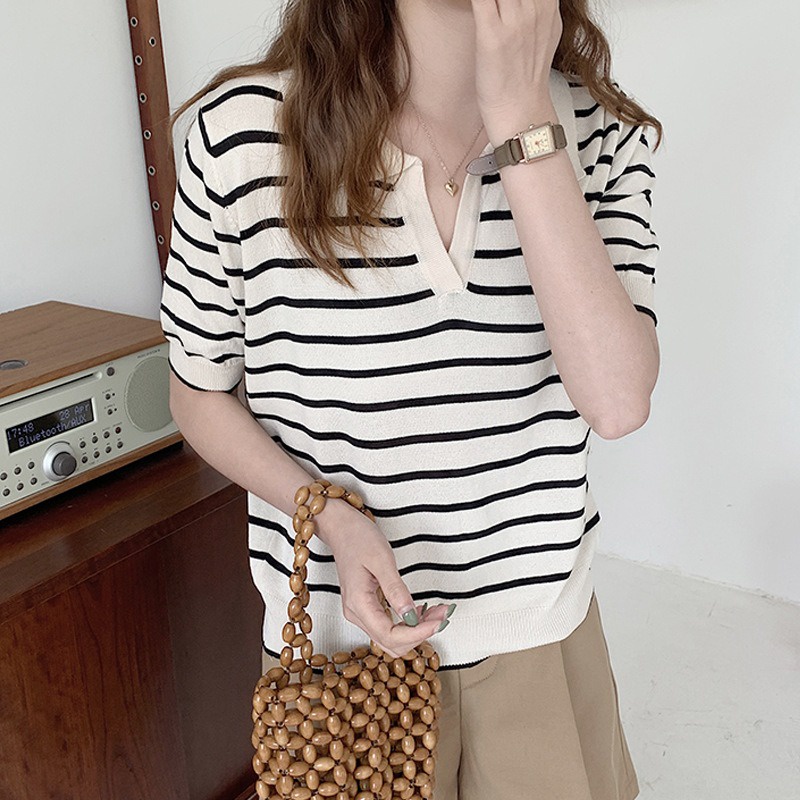 Áo Thun Len Nữ Tay Ngắn Kẻ Sọc Hàn Quốc Thời Trang Teen Hiện Đại