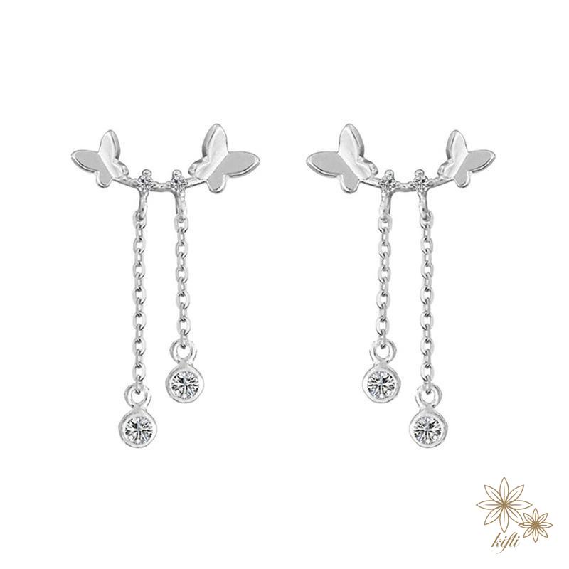 Bông tai bạc hình bướm tua rua đính pha lê thời trang dành cho nữ