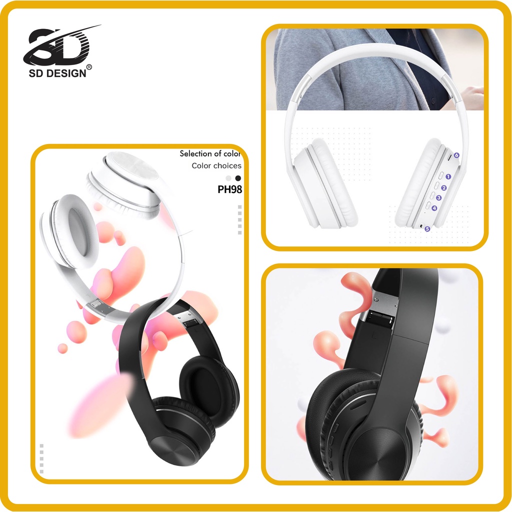 Tai nghe Bluetooth chụp tai chính hãng SD Design PH98, âm thanh chất lượng cao, sắc nét, hỗ trợ thẻ nhớ, Bluetooth 5.0