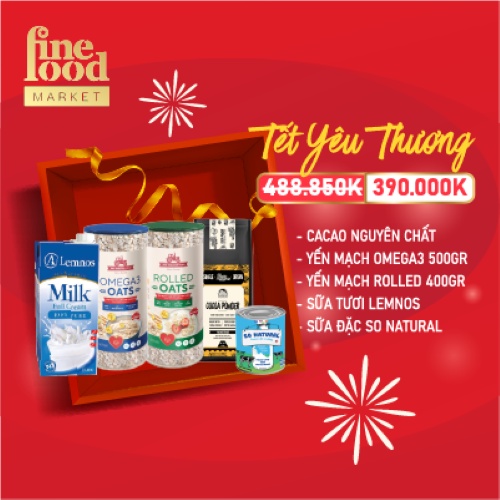 Combo tết yêu thương Cacao Redtractor 500g + Yến mạch Omega3 500g + Yến mạch Rolled 400g+Sữa tươi 1 lít + Sữa đặc 1lít