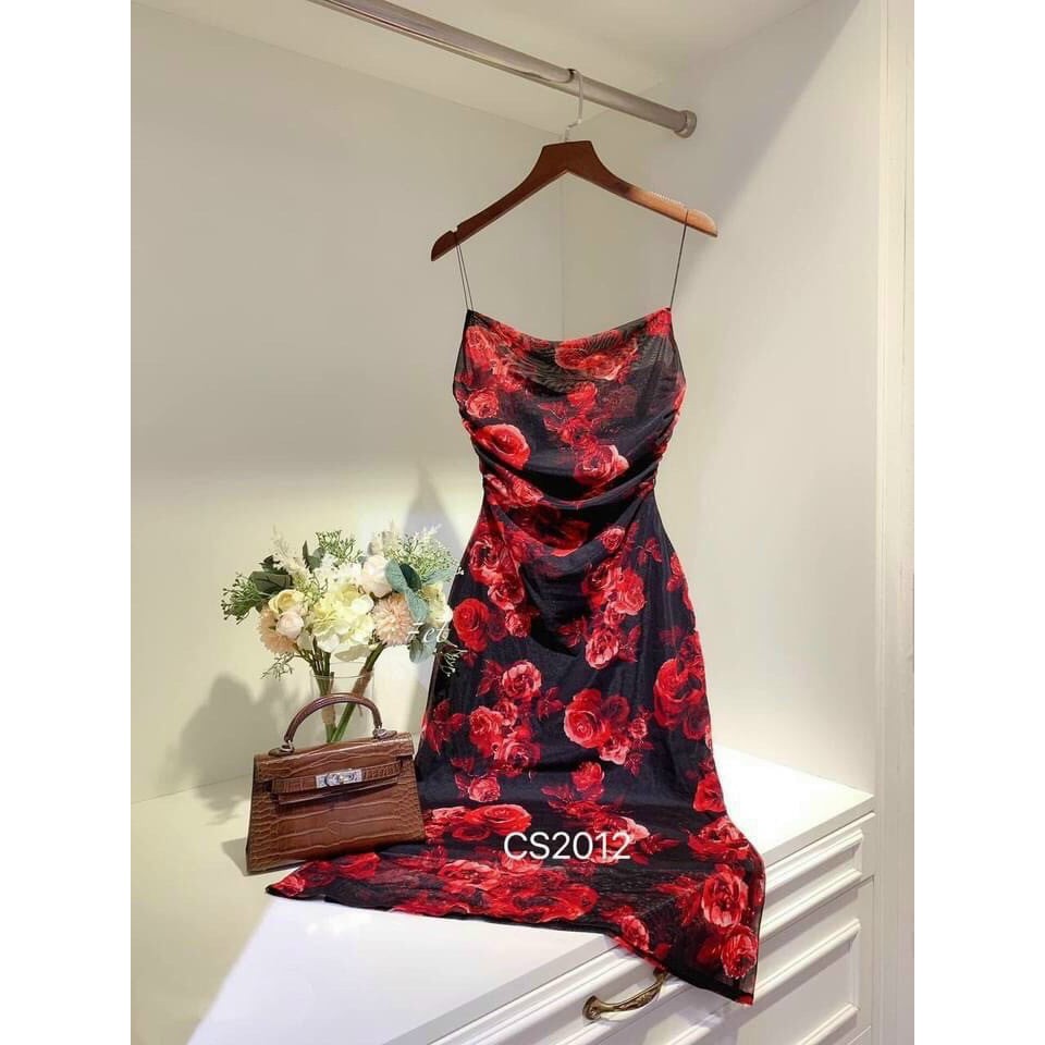 Đầm ôm body 2 dây dạo phố thiết kế in hoa dài qua gối chất thun dẻo co dãn mát mẻ | BigBuy360 - bigbuy360.vn