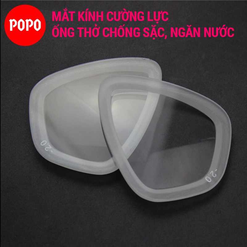 Kính lặn biển kèm ống thở POPO với 2 van ngăn nước 100%, mặt nạ lặn biển mắt kính cường lực