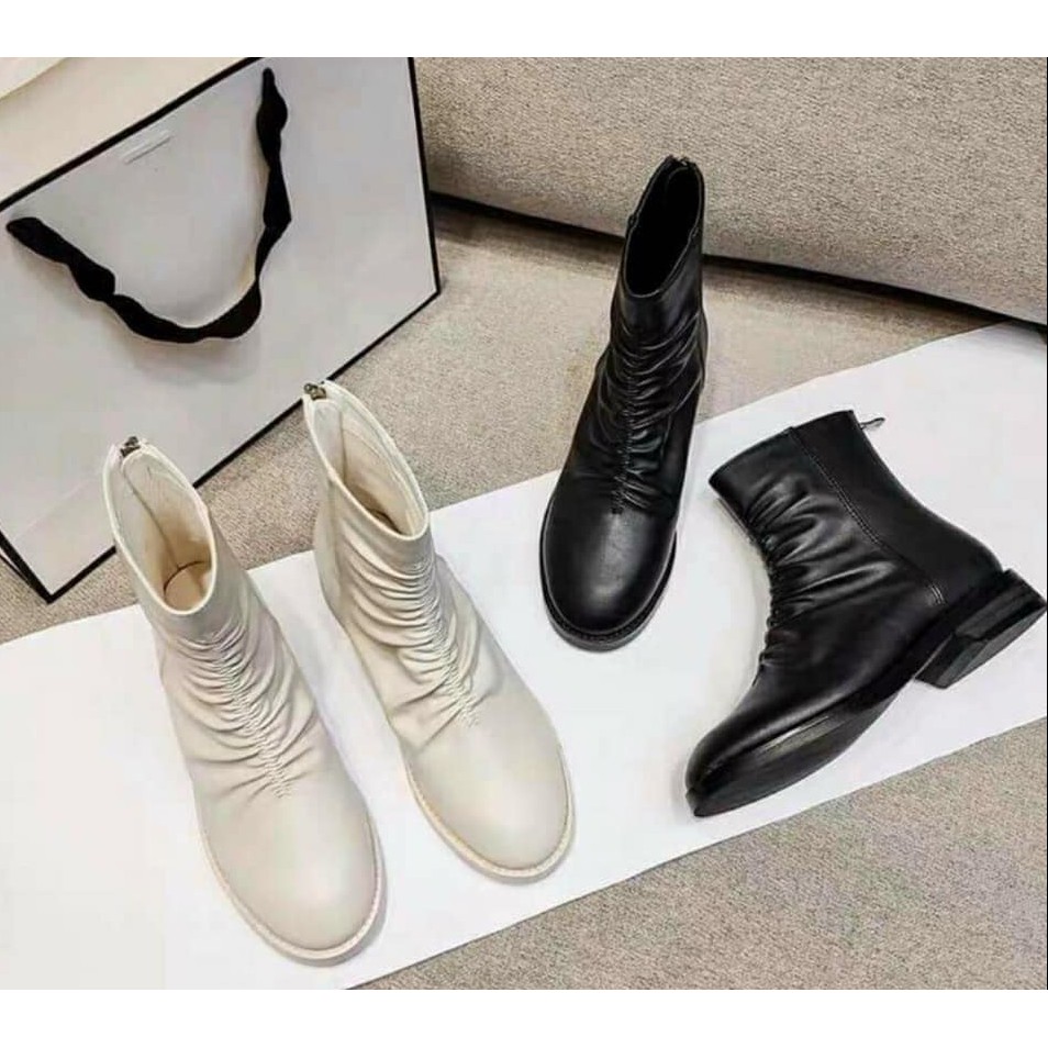 [Bốt nữ thời trang lửng nhăn nhún chun gân giữa cá tính][bốt nữ đế bệt thấp 2 phân lót lông da lì cao cấp full box]