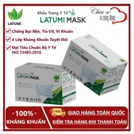 Khẩu trang y tế kháng khuẩn LATUMI hộp 50 chiếc dày dặn,đạt tiêu chuẩn CE, ISO