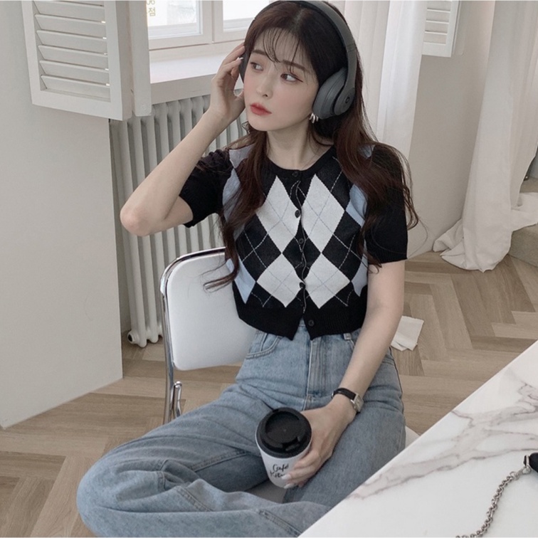 Áo cardigan ZHELIHANGFEI cổ tròn ngắn tay chất dệt kim cài nút họa tiết hình thoi dành cho nữ