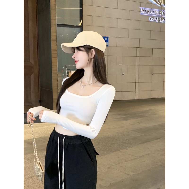 Cocory vn Áo croptop tay dài màu trơn dáng ôm thời trang quyến rũ thích hợp cho nữ