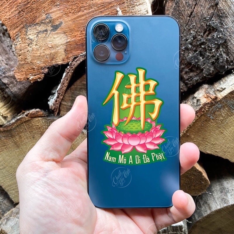 Combo 5 hình decal dchữ Phật hoa sen Nam Mô A Di Đà Phật cho ô tô, nhà cửa kích thước 12,5 cm x 8cm và 7cm x 5cm NT 05.