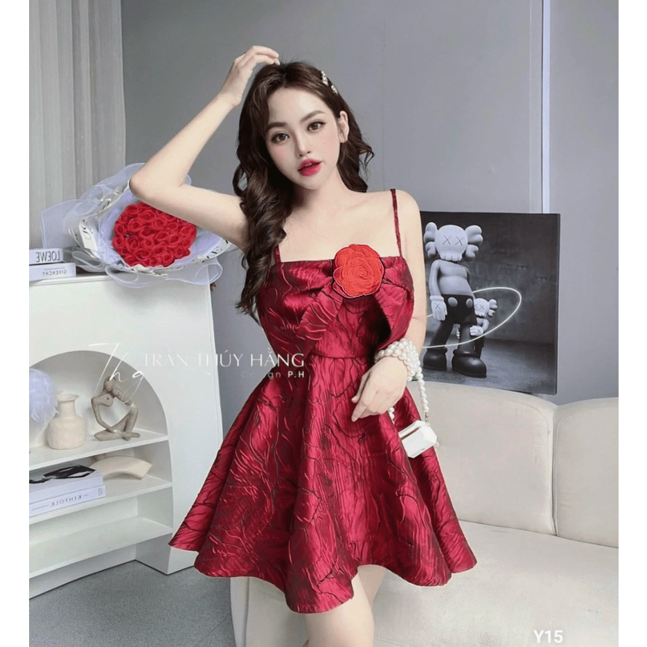 ĐẦM GẤM  HAI DÂY TIỂU THƯ/CÔNG CHÚA, HOẠ TIẾT IN HOA SANG TRỌNG, PHỤ KIỆN NƠ NGỰC, MẶC CỰC XINH UP SHOP HHP