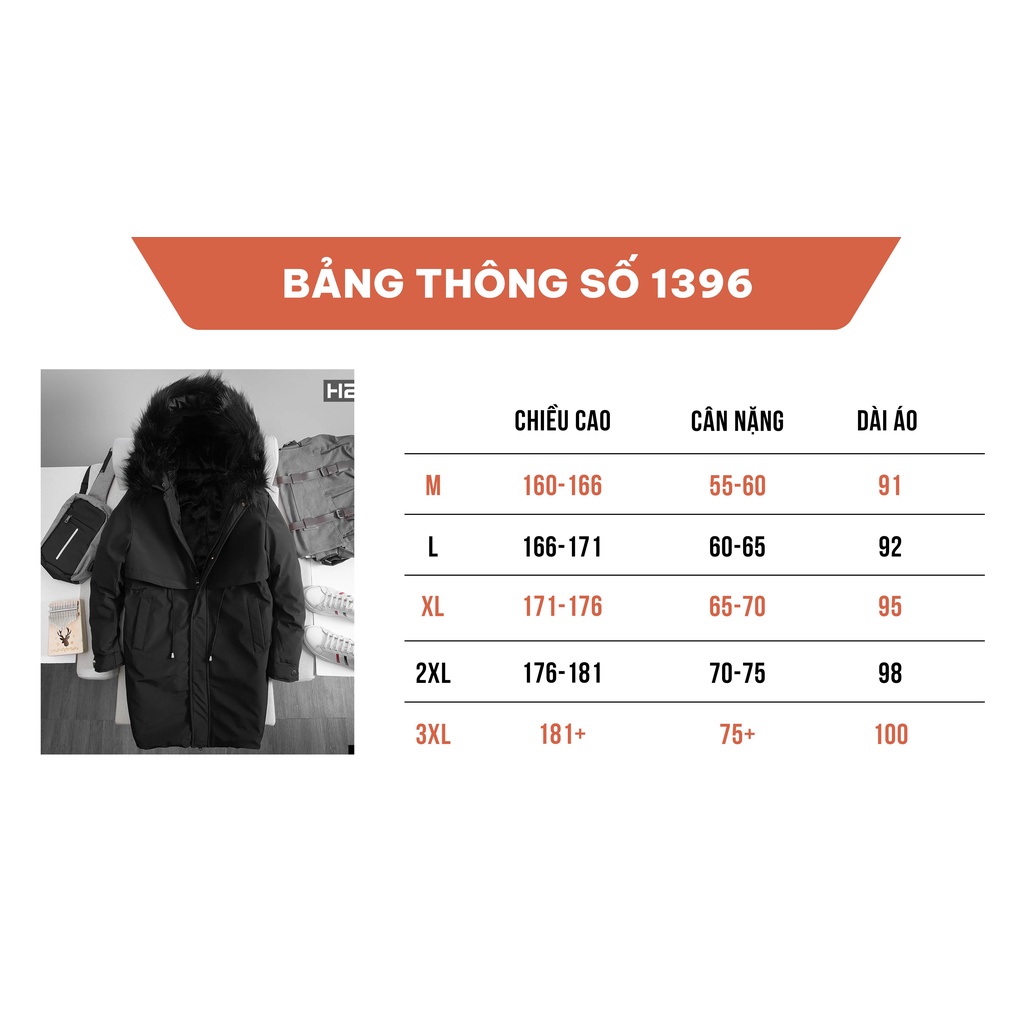 Áo Khoác Phao Nam H2T Thiết Kế Parka Dáng Dài Lót Lông Tinh Tế, Phối Dây Rút Bên Hông, Khóa Kéo 1396