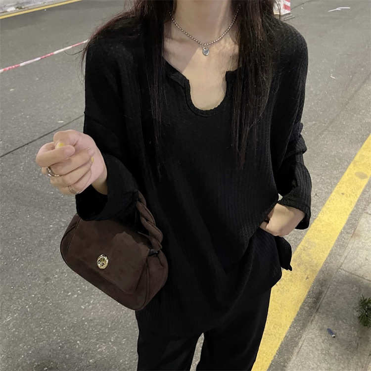 Áo thun cổ khoét nữ giọt lệ dài tay form rộng - áo thu đông dài tay unisex dáng suông Hàn Quốc