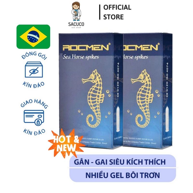 Bao cao su ROCMEN cá ngựa xanh cao cấp, gân gai, mát lạnh, kéo dài thời gian, hộp 10 bcs SACUCO RM1