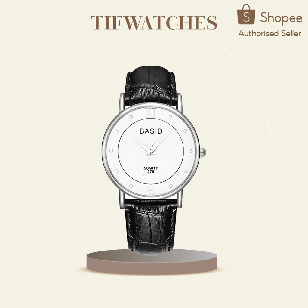 Đồng hồ cặp nam nữ dây da cá sấu BASID ĐÍNH ĐÁ đen mặt trắng đồng hồ đôi chính hãng Watchesbytif size 30mm & size 38mm