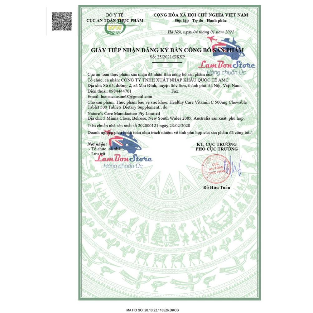 Viên C nhai Healthy Care Vitamin C 500mg 500 viên giúp tăng đề kháng - Xuất xứ Úc