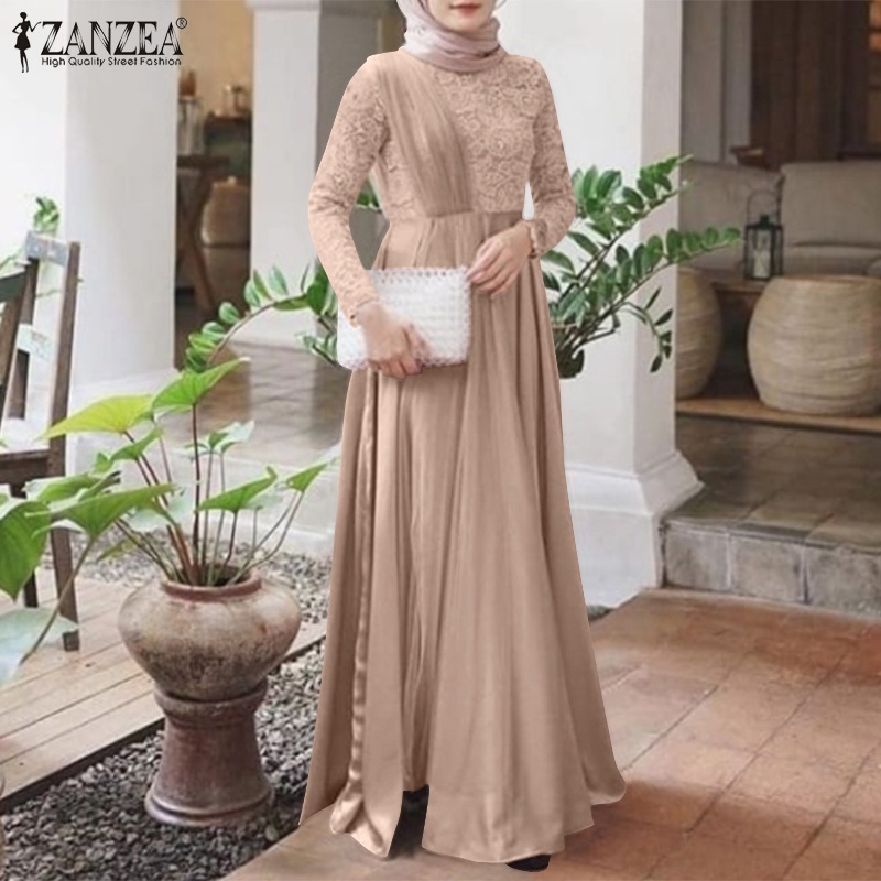 Đầm maxi Zanzea dài tay phối ren có khóa kéo thời trang dành cho nữ