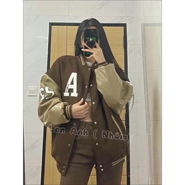 Áo Khoác Bomber Varsity Tay Da Chữ A Thêu Màu Nâu Phong Cách Hàn Quốc Thời Trang Unisex
