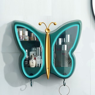 Kệ nhà tắm đựng mỹ phẩm treo tường hình con bướm màu xanh - Tủ đựng mỹ phẩm nhà tắm dán tường kiêm móc treo