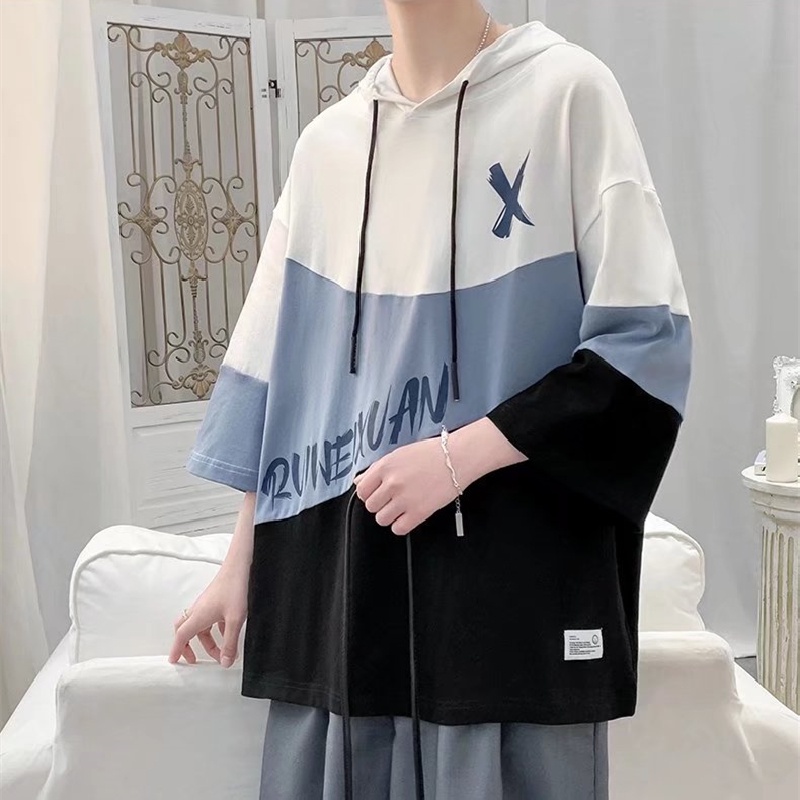 Áo Hoodie Tay Ngắn Dáng Rộng In Chữ Phong Cách Hip Hop Đường Phố Hàn Quốc Thời Trang Cho Nam Cỡ M-3XL